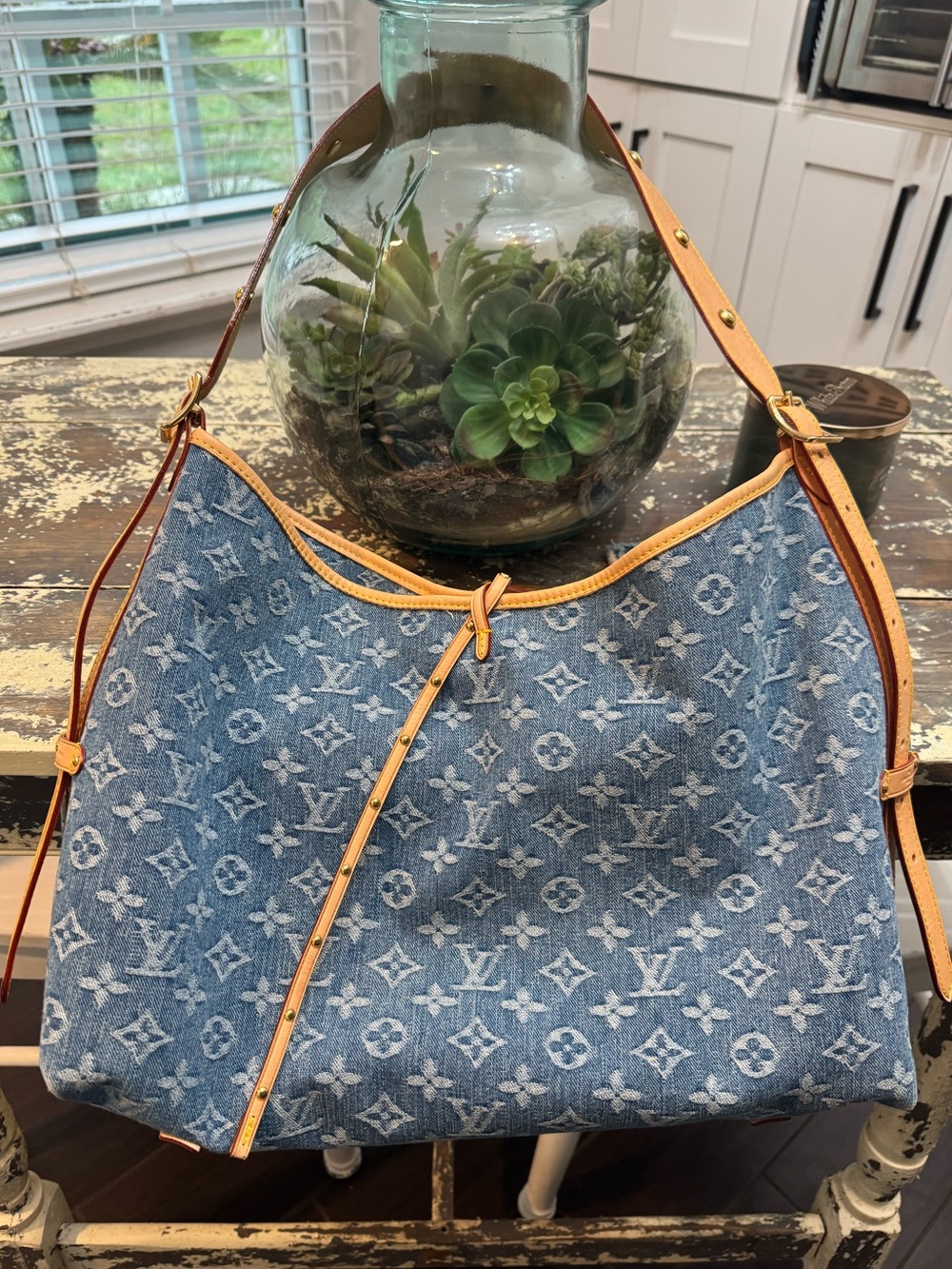 ✨Louis Vuitton Blue Denim Monogram Carryall NM MM Shoulder Bag M46855✨